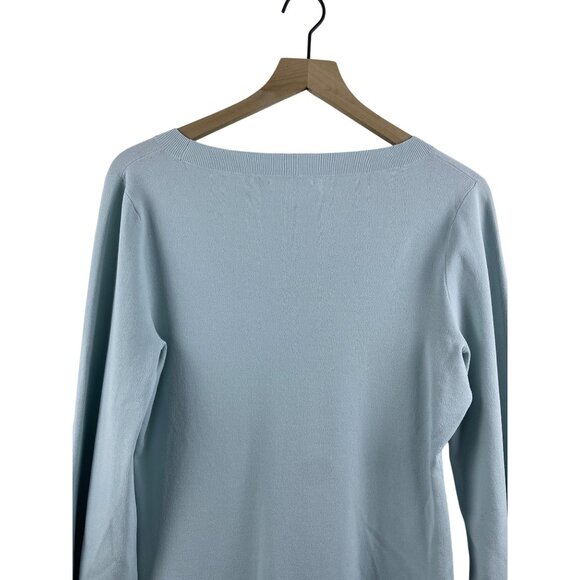 Lewit Women's Size Large Stretch Knit Balloon Bishop Sleeve V Neck Sweater Blue - Picture 10 of 10